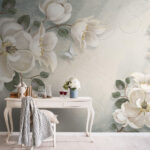 Papel de parede Flores e folhas brancas sobre um fundo branco