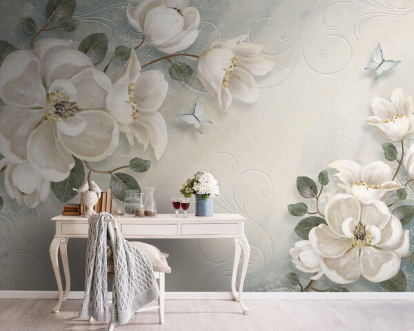 Flores e folhas brancas sobre um fundo branco Papel de parede Flores e folhas brancas sobre um fundo branco