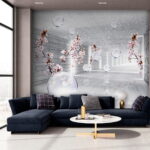 Papel de parede Quarto branco com flores e bolhas
