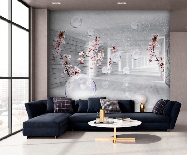 Quarto branco com flores e bolhas Papel de parede Quarto branco com flores e bolhas