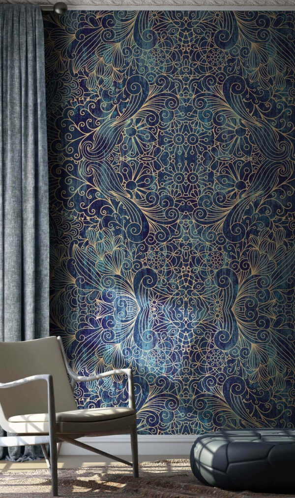 Padrão intrincado em azul e bege Papel de parede Padrão intrincado em azul e bege