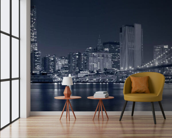 Horizonte da cidade com uma ponte iluminada Papel de parede Horizonte da cidade com uma ponte iluminada