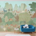 Papel de parede Desenho animado de animais numa floresta