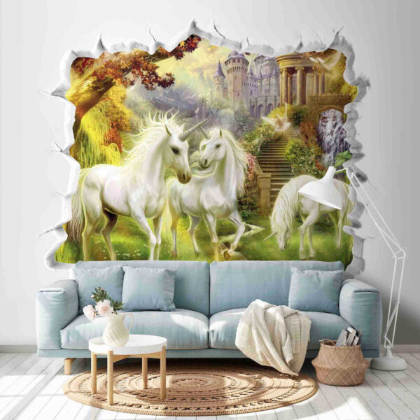 Parede com um castelo e unicórnios Papel de parede Parede com um castelo e unicórnios