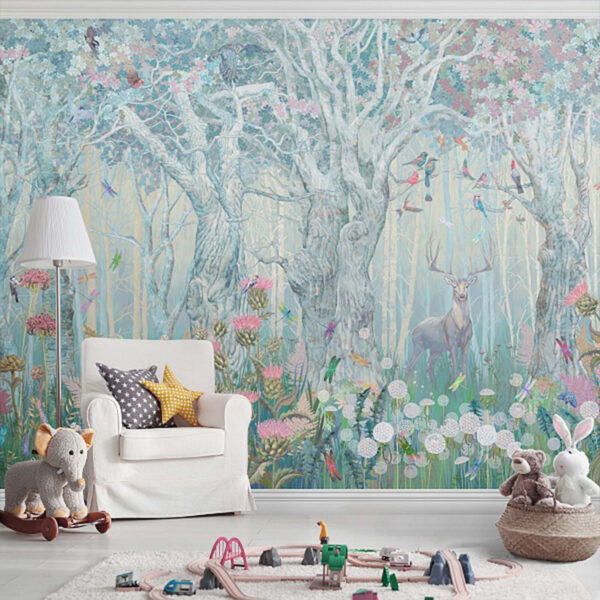 Floresta encantada com veados e pássaros Papel de parede Floresta encantada com veados e pássaros