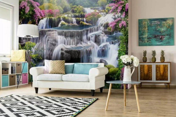 Cascata encantadora no meio de flores vibrantes Papel de parede Cascata encantadora no meio de flores vibrantes