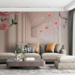 Papel de parede Papel de parede com rosas cor-de-rosa e escadas brancas