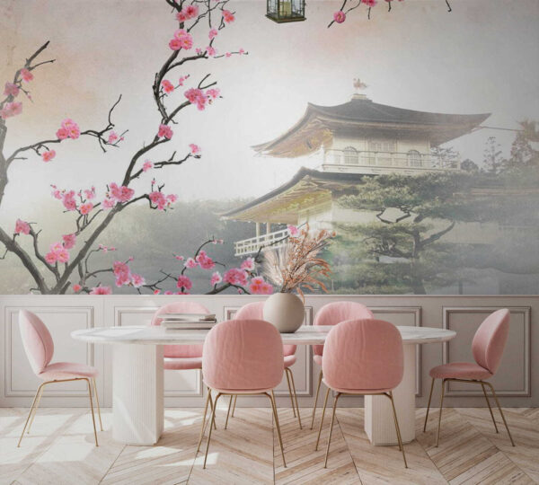 Papel de parede Papel de parede Flores emoldurando um sereno templo japonês. (REF: u60294)