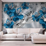 Papel de parede Flores azuis ornamentadas com cristais.