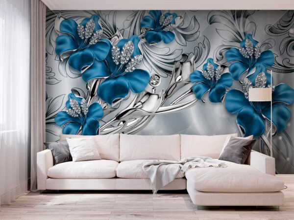 Papel de parede Flores azuis ornamentadas com cristais (REF: u60405) Papel de parede Papel de parede Flores azuis ornamentadas com cristais (REF: u60405)