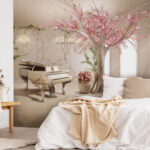 Papel de parede Árvore com flores cor-de-rosa e um piano numa sala