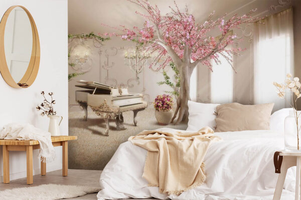 Árvore com flores cor-de-rosa e um piano numa sala Papel de parede Árvore com flores cor-de-rosa e um piano numa sala