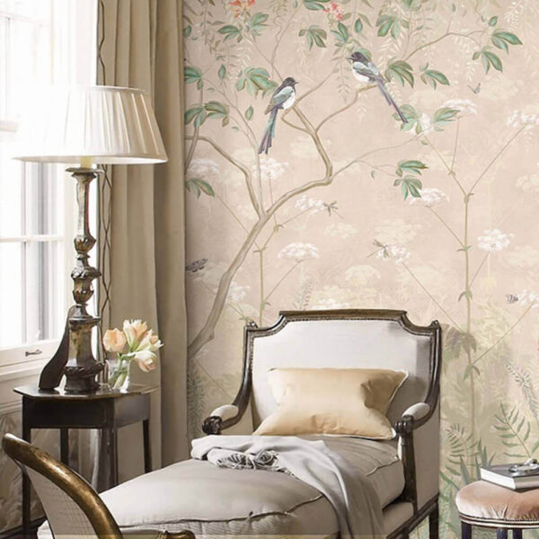 Papel de parede com pássaros em árvores e flores Papel de parede Papel de parede com pássaros em árvores e flores