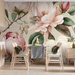 Papel de parede Flores delicadas e folhas verdes exuberantes.