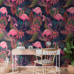 Papel de parede Padrão de flamingos cor-de-rosa e folhas