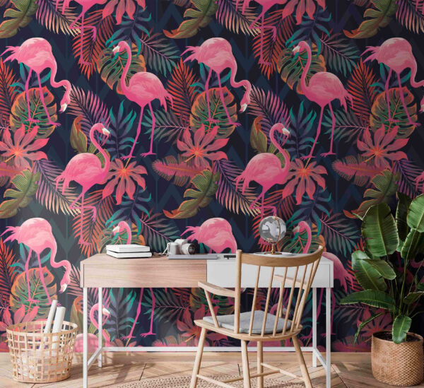 Padrão de flamingos cor-de-rosa e folhas Papel de parede Padrão de flamingos cor-de-rosa e folhas