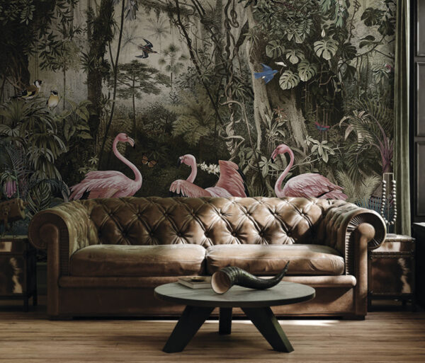 Papel de parede Papel de parede Os flamingos embelezam um cenário de selva exuberante. (REF: u73568)