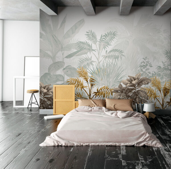 As exuberantes folhas tropicais misturam-se na perfeição Papel de parede As exuberantes folhas tropicais misturam-se na perfeição