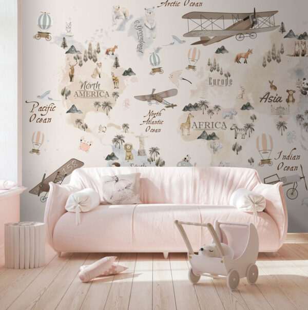 Mapa vintage com animais e aviões Papel de parede Mapa vintage com animais e aviões