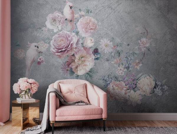 Pássaros empoleirados entre flores em tons pastel Papel de parede Pássaros empoleirados entre flores em tons pastel