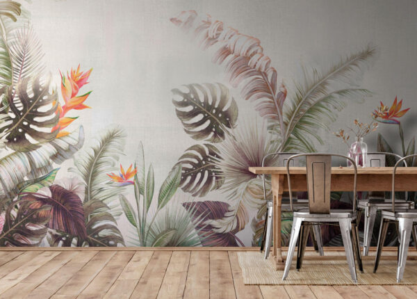 Folhas tropicais e flores vibrantes Papel de parede Folhas tropicais e flores vibrantes