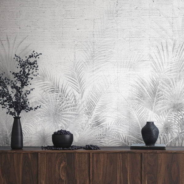 Papel de parede cinzento e branco com folhas de palmeira Papel de parede Papel de parede cinzento e branco com folhas de palmeira