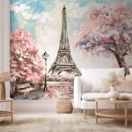 Papel de parede Paris romântica sob as flores de cerejeira.