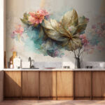 Papel de parede Flores delicadas com folhas texturadas.