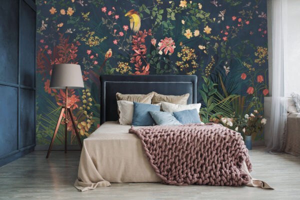 Paraíso floral com pássaros vibrantes Papel de parede Paraíso floral com pássaros vibrantes