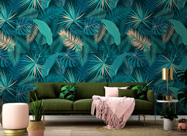 As folhas tropicais criam um padrão vibrante Papel de parede As folhas tropicais criam um padrão vibrante