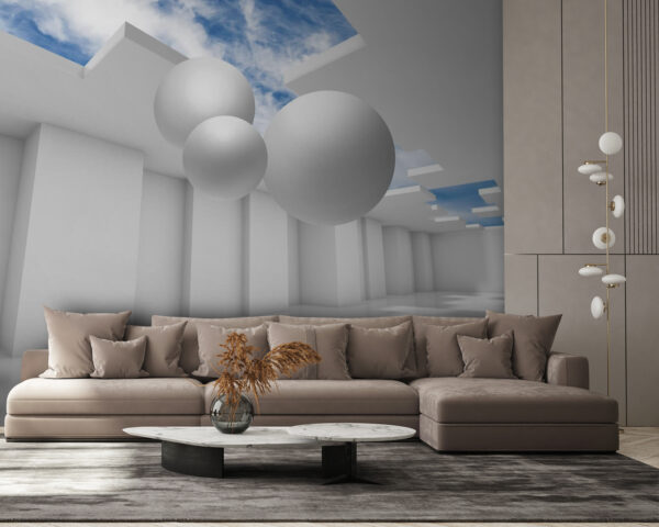 Quarto branco com paredes brancas e bolas brancas Papel de parede Quarto branco com paredes brancas e bolas brancas