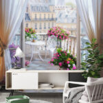 Papel de parede Varanda parisiense serena com flores.