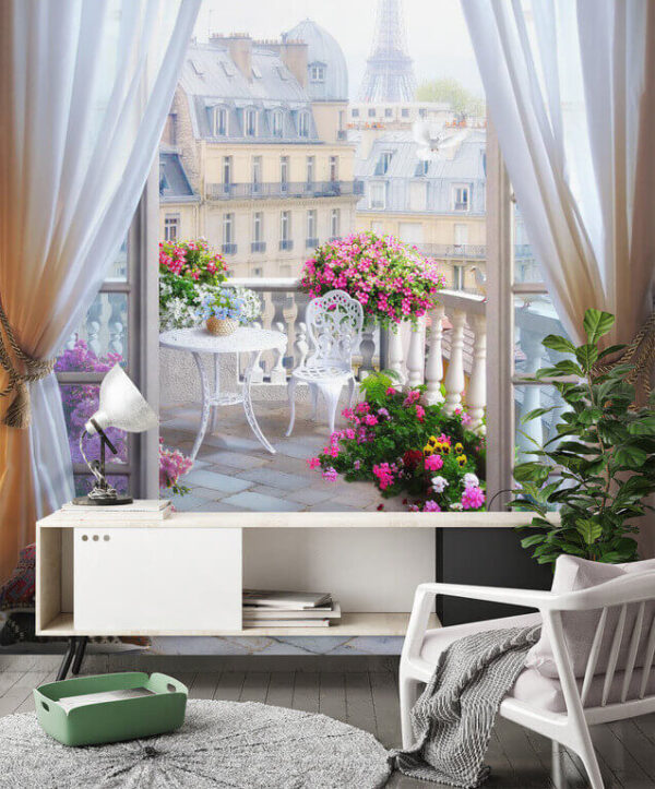 Varanda parisiense serena com flores Papel de parede Varanda parisiense serena com flores