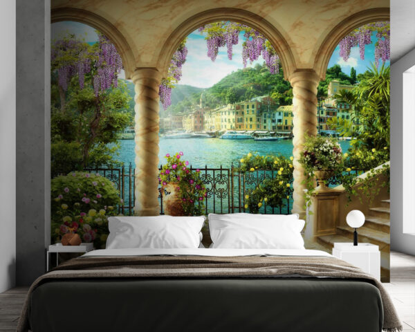 Papel de parede Jardim colorido com vista para o porto