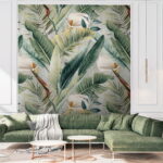 Papel de parede Padrão de folhas e flores verdes