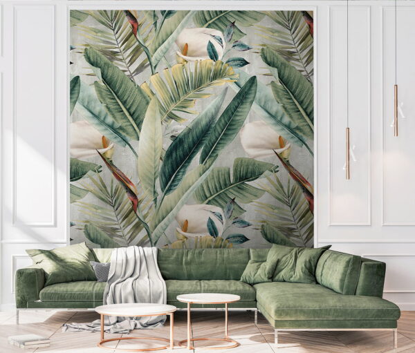 Padrão de folhas e flores verdes Papel de parede Padrão de folhas e flores verdes