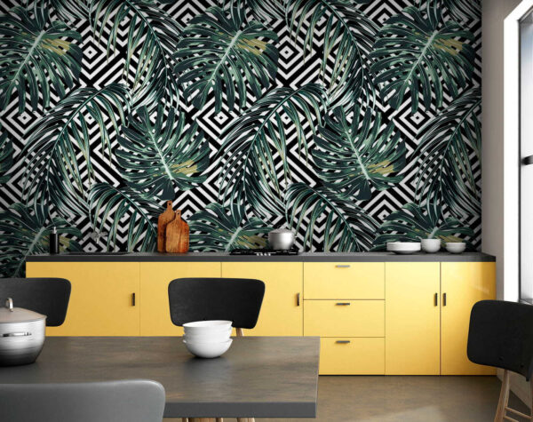 Padrão de folhas num fundo preto e branco Papel de parede Padrão de folhas num fundo preto e branco