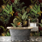 Papel de parede Folhagem tropical exuberante e flores vibrantes.