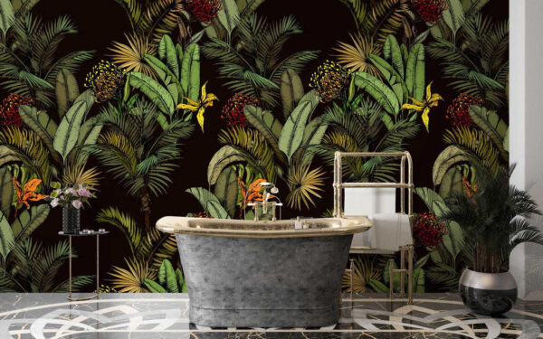 Folhagem tropical exuberante e flores vibrantes Papel de parede Folhagem tropical exuberante e flores vibrantes