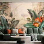 Papel de parede Folhagem tropical com flores vibrantes.