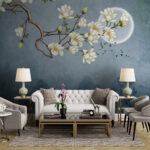 Papel de parede Pintura de um ramo de árvore com flores brancas