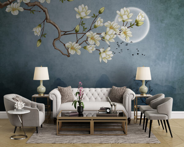 Pintura de um ramo de árvore com flores brancas Papel de parede Pintura de um ramo de árvore com flores brancas