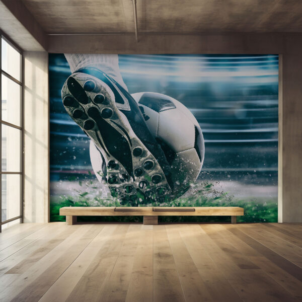 O sapato de futebol bate na bola. Papel de parede O sapato de futebol bate na bola.