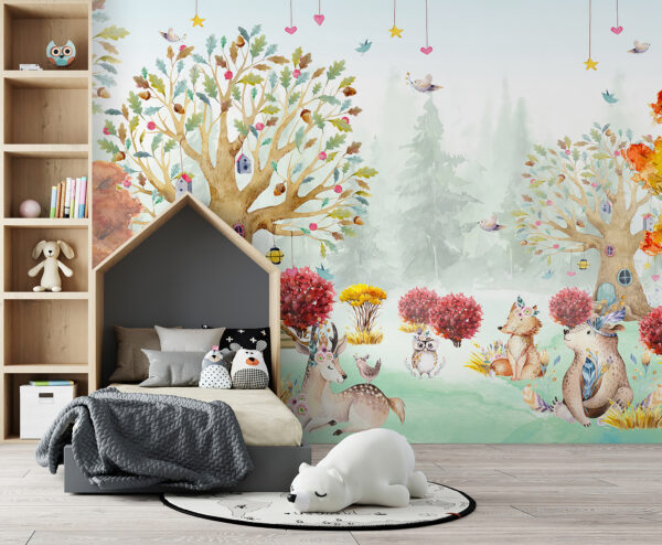 Pintura a aguarela de animais numa floresta Papel de parede Pintura a aguarela de animais numa floresta