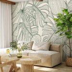 Papel de parede Folhas verdes com padrões de linhas complexas.