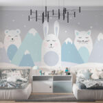Papel de parede Gato branco com um círculo azul e pontos cor-de-rosa