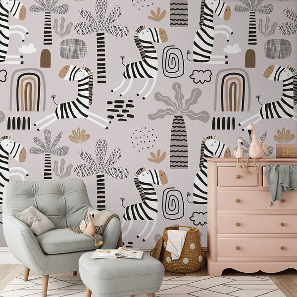 Papel de parede Zebras brincam num padrão lúdico de savana (REF: u98805) Papel de parede Papel de parede Zebras brincam num padrão lúdico de savana (REF: u98805)