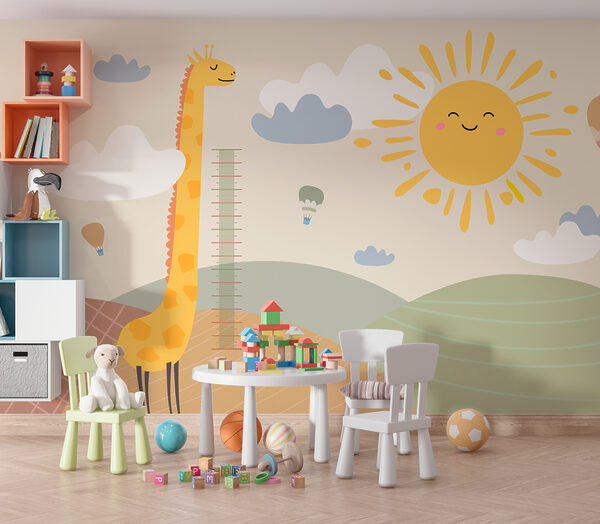 Girafa que mede a altura de uma criança’a altura Papel de parede Girafa que mede a altura de uma criança’a altura