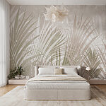 Papel de parede Padrão de folhas tropicais sobre fundo bege.
