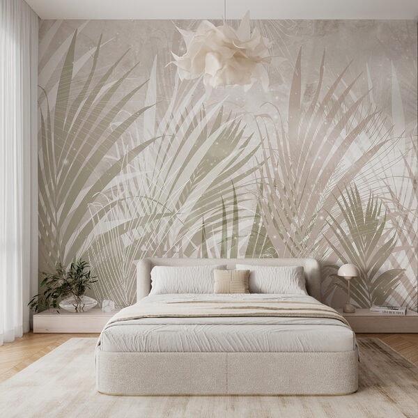 Padrão de folhas tropicais sobre fundo bege Papel de parede Padrão de folhas tropicais sobre fundo bege